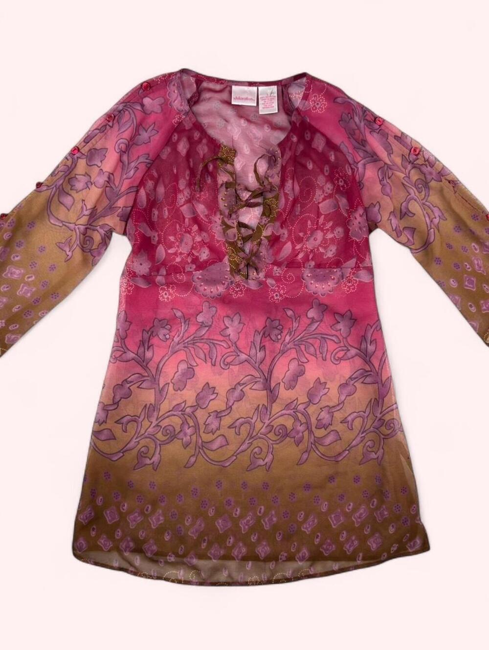 Pink and brown sheer blouse with floral pattern and button sleeves